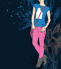 vector background with   hand drawn flowers and a fashion girl