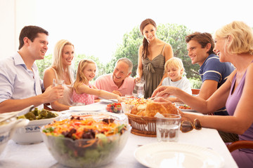 A family, with parents, children and grandparents, enjoy a picni