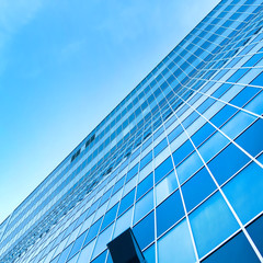 modern blue glass skyscraper perspective view