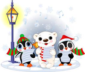 Christmas carolers –  polar bear and two penguins