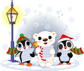 Gordijnen Christmas carolers –  polar bear and two penguins © Anna Velichkovsky