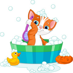 Chat prenant un bain