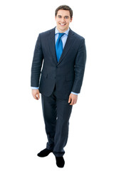 Top view full body of happy smiling businessman, isolated