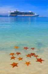 Papier Peint photo Caraïbes beaucoup d& 39 étoiles de mer dans les Caraïbes et un bateau de croisière