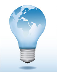 Light bulb with world map on it. Vector illustration.