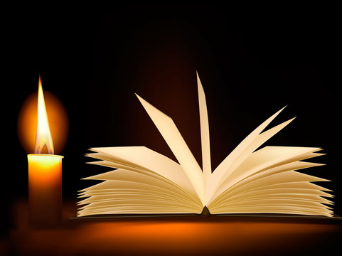 Old book and a candle. Vector.