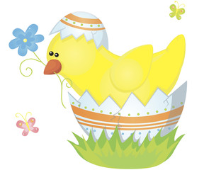 Illustration of a chicken with butterfly and flower.