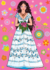 Beautiful girl with flowers on a pink background.