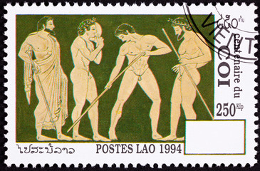 Laos Postage Stamp Side View Nude Greek Athletes Laurel Wreath