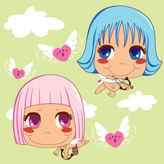 Pink and Blue haired Cupid helpers hunting flying hearts.