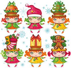 Vector set of funny Xmas girls