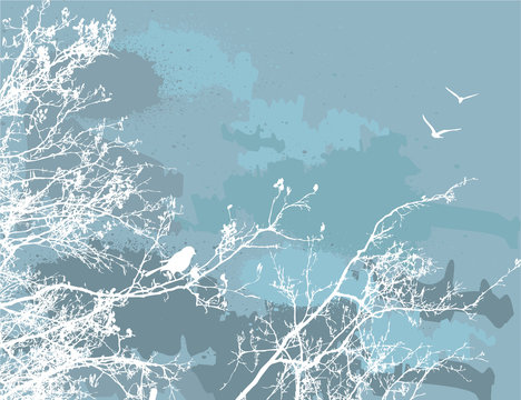 abstract grange vector background. Bird on the tree