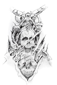 Tattoo art, sketch of a machine and skull