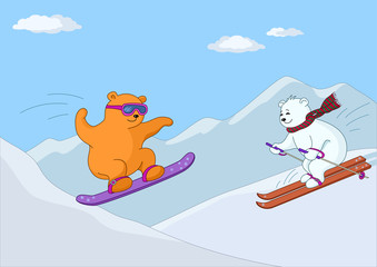 Les ours en peluche skient dans les montagnes en journée