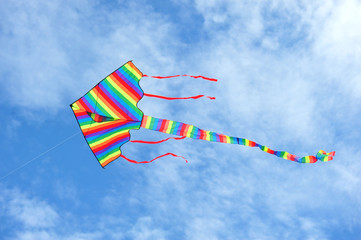 Colorful Kite With Tail Against Blue Sky