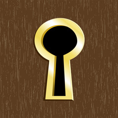 Door keyhole of golden metal on dark wooden door