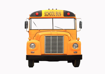 Yellow school bus isolated on white - front view .