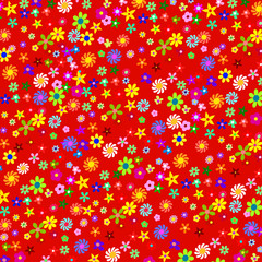 Pattern of colorful flowers on a red background