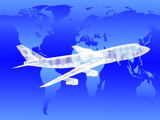 Fototapeta na wymiar model of jet airplane on worldmap. Concept - global travel.