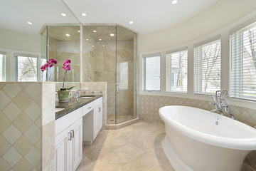 Fototapeta na wymiar Luxury master bath with glass shower