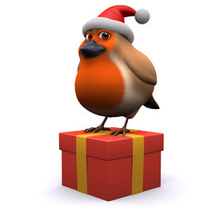 3d Robin sits on a red present