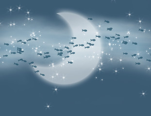 Fish Swimming Among the Milky Way, Moon and Stars