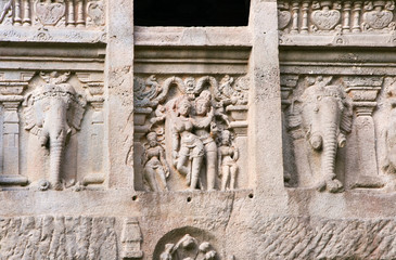 Facade of ancient Ellora rock carved Buddhist temple,  India