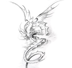 Tattoo art, sketch of a medieval dragon