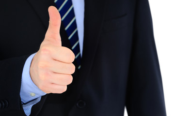 Thumb's up by a businessman. Approval, Good Work! Isolated on wh