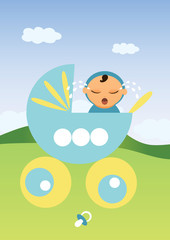 Baby crying in a buggy outside