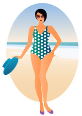 Curvy woman with hat on the beach