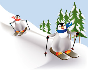 Colorful penguins skiing down a tree lined slope