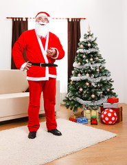 Santa Claus standing in front of Christmas Tree