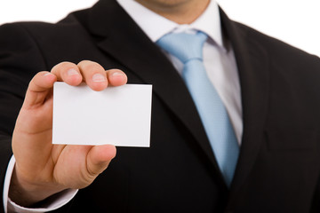 hand of businessman offering businesscard on white background