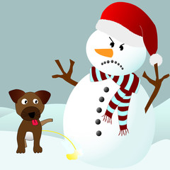 Dog peeing on an angry snowman