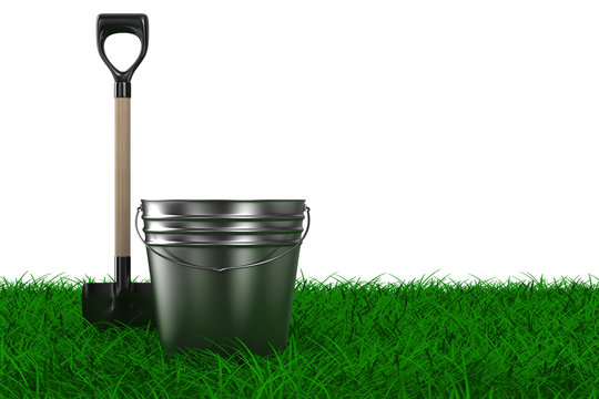 Shovel and bucket on grass. garden tool. Isolated 3D image