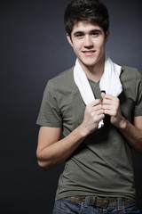 Happy man wearing green T-shirt.