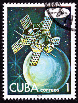 Cuban Post Stamp Intercosmos Satellite Orbiting Planet in Space