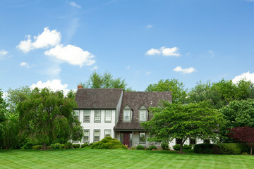 Fototapeta na wymiar Suburban Maryland Pojedyncze Drzewa Family Home trawy Tudor Revival