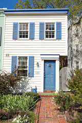 Washington DC Row Home, Colonial Style, Blue Accents, Sidewalk