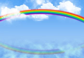 Foto op Canvas Regenboog op blauwe lucht met wolken en reflectie © naipung