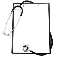 Medical stethoscope and blank clipboard .