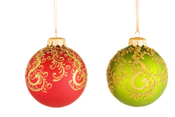 Christmas baubles with ribbon isolated on white
