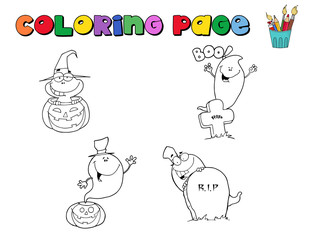 Digital Collage Of Halloween Character Coloring Page Outlines
