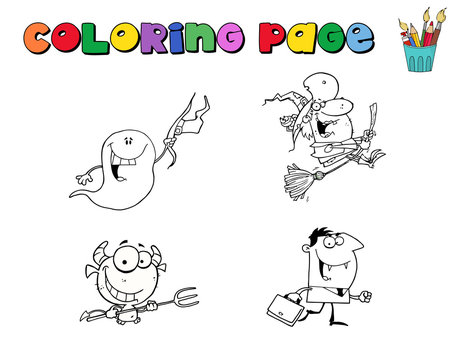 Digital Collage Of Halloween Character Coloring Page Outlines