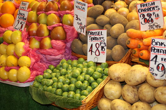 A British Market Display of Fresh Fruit and Vegetables.