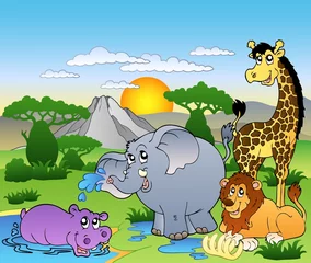 Store enrouleur tamisant Zoo Paysage africain avec quatre animaux