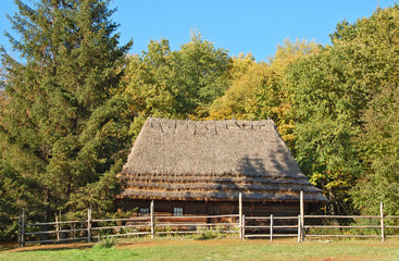 Fototapeta na wymiar Ancient traditional ukrainian forest carpatian cottage