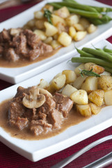 Beef steaks with roasted potatoes and green beans