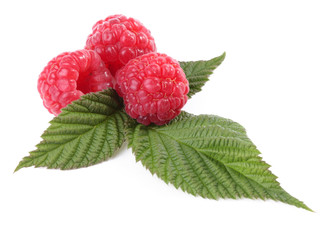 Raspberry with green leaves on white